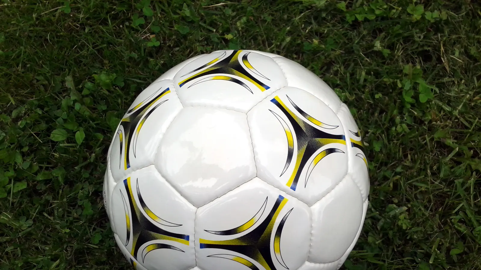 Ballon de soccer seul posé sur une pelouse verte courte en plein jour